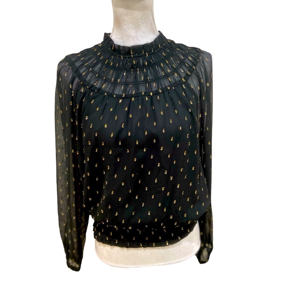 Ann Taylor black sheer peasant blouson blouse with gold metallic elastic MP